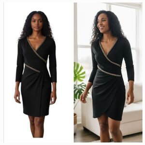 Beautiful Black Fitted Dress With Gold Trim, Charlotte Russe Size M.